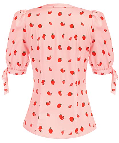 V Neck Puff Sleeve Tops for Women Work Vintage Strawberry Shirt S