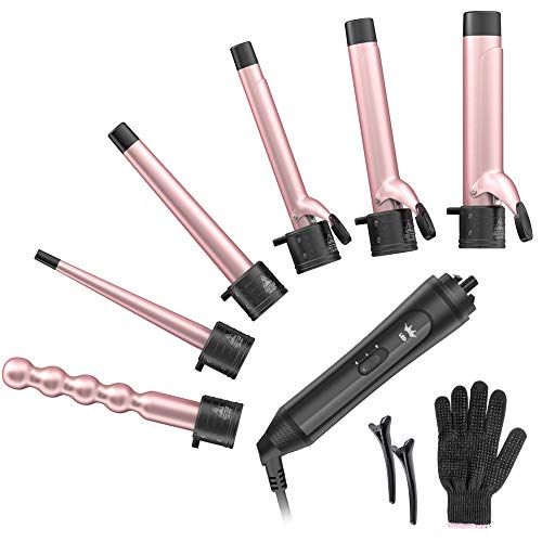 6-in-1 Interchangeable Ceramic Barrel Professional Curling Iron Wand Set, (0.35'' to 1.25'')