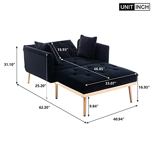 Velvet 2 in 1 Chaise Lounge Chair Indoor, Modern Single Sofa Bed with Two Pillows, Recliner Chair with 3 Adjustable Angles, Convertible Sleeper Chair for Living Room and Bedroom (Black)