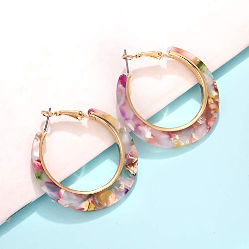Pink & Gold Flowers Marble Look Resin Hoop Earrings