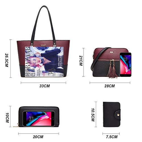 Women's Two-Tone Black & Wine Red 4-Piece Tote Bag, Shoulder Handbag, Clutch Wallet & Card Holder Set  (9 colors)