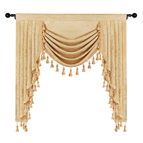 Thick Chenille Window Curtains Valance for Living Room Luxury Gold Waterfall Valance for Bedroom, Rod Pocket (W39,1 Panel)