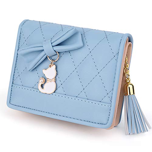 UTO Women PU Leather Small Wallet Cat Pendant Card Phone Holder Zipper Coin Purse Zoey Blue
