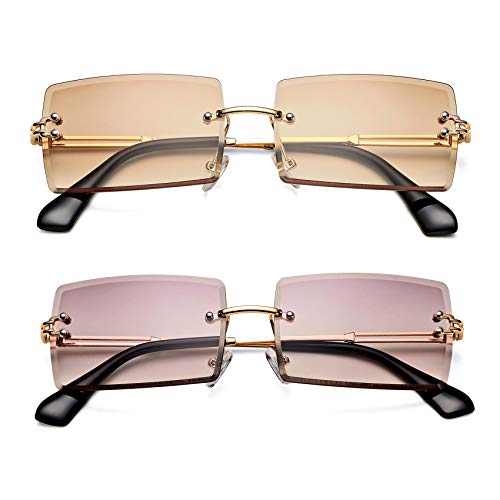 Rectangle Sunglasses for Men/Women Small Rimless Square Shade Eyewear ( Purple + Tea)