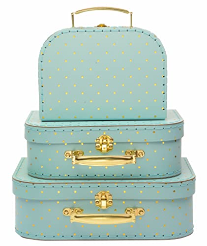 Jewelkeeper Paperboard Suitcases, Set of 3 – Nesting Storage Gift Boxes for Birthday Wedding Easter Nursery Office Decoration Displays Toys Photos – Turqoise and Gold Design