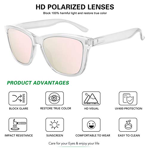 MEETSUN Polarized Sunglasses for Women Men Classic Retro Designer Style (Clear Frame / Pink Mirrored Lens, 54)