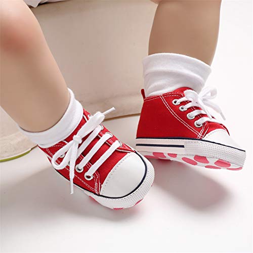 Baby or Toddler Girls or Boys Canvas Sneakers, Soft Sole, High Top First Walkers Shoes, 22 colors  (Red)