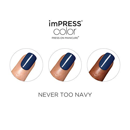 KISS imPRESS Color Press-On Manicure, Gel Nail Kit, PureFit Technology, Short Length, “Never Too Navy”, Polish-Free Solid Color Mani, Includes Prep Pad, Mini File, Cuticle Stick, and 30 Fake Nails