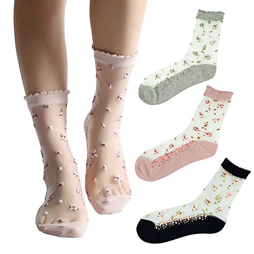 Floosum Womens 4 Pairs Ultrathin Transparent Lace Elastic Short Socks, 4 Pair Piont