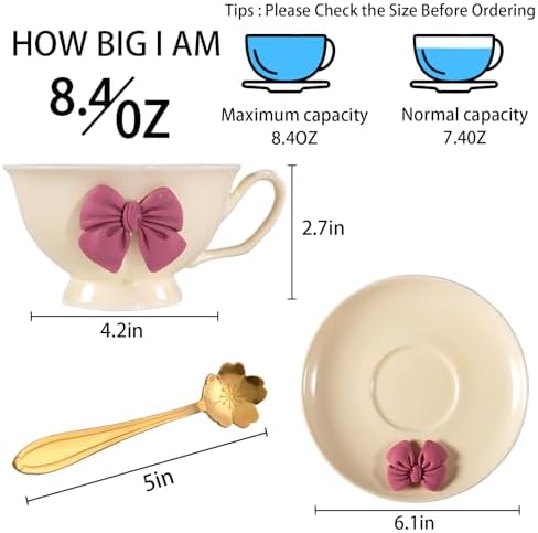 ICHAG Cups and Saucers Set of 6, Coffee Mugs, Tea Cups Set with Bowknot, Tea Set, 18-piece, Cup with 8.4oz, Golden Spoon, For Tea Party, Christmas Gifts, Gifts for Home Office