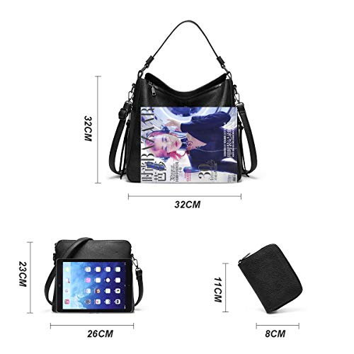 Women Fashion Handbags Wallet Tote Bag Shoulder Bag Top Handle Satchel Purse Set 3pcs (Black-C)