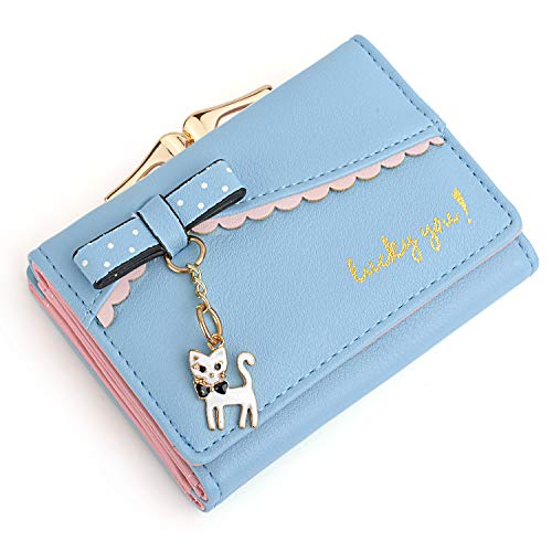 UTO Women's Trifold Wallet Cute Kitty Bowknot Card Holder Small Coin Purse A Light Blue
