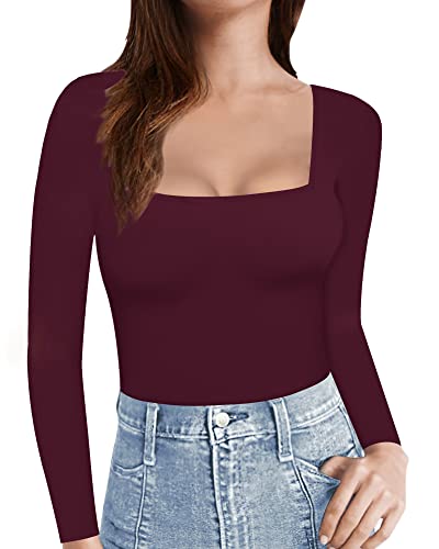 MANGOPOP Womens Short Sleeve/Long Sleeve Square Neck T Shirts Tops Tees (Long Sleeve Burgundy, Medium)