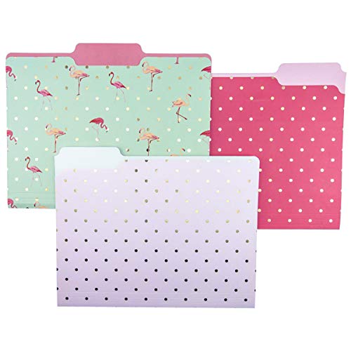 Flamingo Pink File Folder Set w/Gold Foil Polka Dots  (Set of 9)