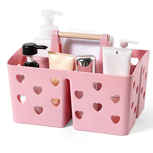 Anyoifax Portable Shower Caddy Cleaning caddy Plastic Basket with Wood Handle Divided Shower Tote Storage Organizer for Bathroom, College Dorm, Kitchen, Bedroom - Pink