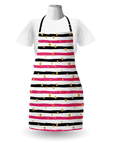 Lunarable Valentines Day Apron, Romantic Teenager Love Sign Hearts on Grunge Stripes Lines, Unisex Kitchen Bib with Adjustable Neck for Cooking Gardening, Adult Size, White Pink