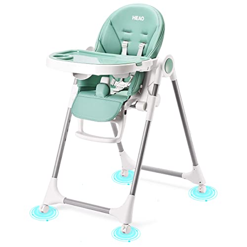 HEAO Baby High Chair 360° Rotating Wheels - Green Highchair 7 Heights Adjustable - 5 Positions Recline Baby highchair - Foldable High Chairs for Babies and Toddlers