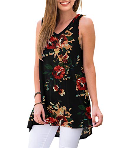 Women's Black & Red Floral Summer Sleeveless V-Neck T-Shirt Tunic Top, Sizes to 4XL