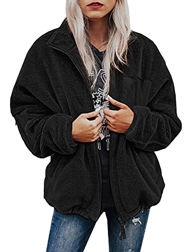 BTFBM Women Long Sleeve Full Zip Jackets Casual Solid Color Loose Fleece Short Teddy Coats Jacket Outerwear With Pockets(Solid Black, Large)