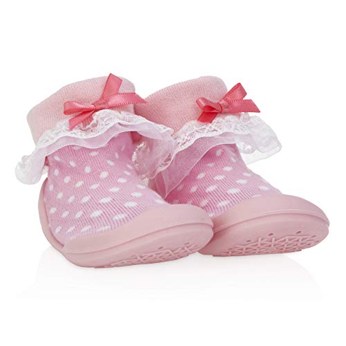 Nuby Snekz Comfortable Rubber Sole Sock Shoes for First Steps- Pink Polka Dots/Small 7-14 Months