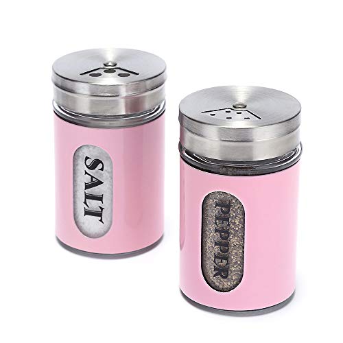 YEEPHENYEEVEE Salt and Pepper Shakers Stainless Steel and Glass Set with Adjustable Pour Holes (Pink)