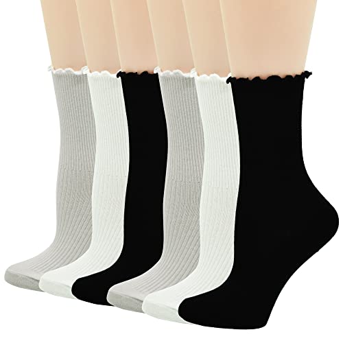 FITU Women's Lettuce Trim Vintage Ruffle Frilly Cute Rayon Boot Socks 6 Pairs Pack in Gift Box (899 6Pairs Mix2)