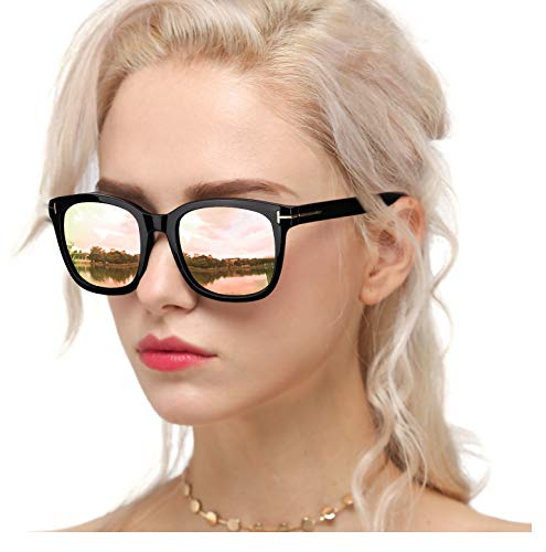 Myiaur Classic Sunglasses for Women Polarized Driving Anti Glare 100% UV Protection (Black Frame / Pink Mirrored Glasses)