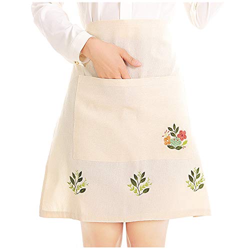 Fashion Embroidered Beige Tea Apron, Housework Kitchen Half Waist Apron for Women with Pocket, 22.4 x 21.2 Inches