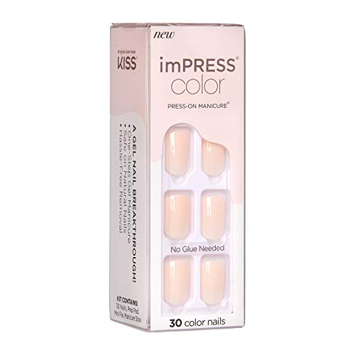 KISS imPRESS Color Press-On Manicure, Gel Nail Kit, PureFit Technology, Short Length, “Point Pink”, Polish-Free Solid Color Mani, Includes Prep Pad, Mini File, Cuticle Stick, and 30 Fake Nails