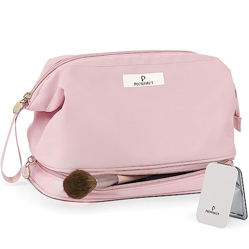 Pocmimut Makeup Bag,Cosmetic Bag for Women Travel Makeup Bag for Girls Large Double Layers Make Up Brush Bags Toiletry Bag for Women(Baby Pink)