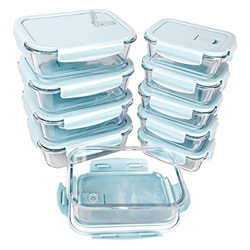 [10 Packs, 20 Pieces] Glass Food Storage Containers with Lids (Built in Vent), Airtight Meal Prep Containers, Glass Bento Boxes for Home Kitchen, BPA Free & Leak Proof (10 lids & 10 Containers) - Blue