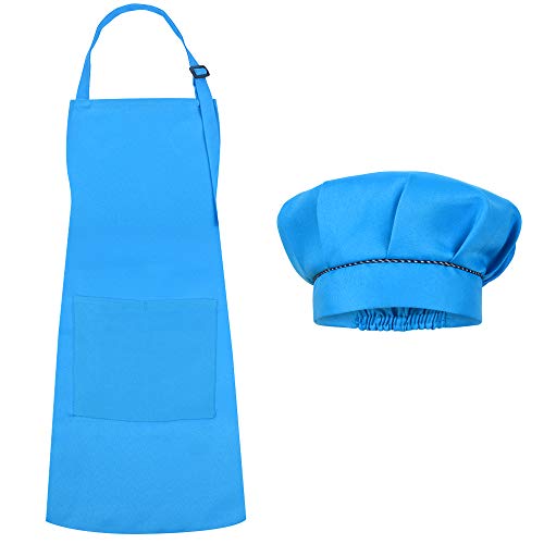 SUNLAND Kids Apron and Hat Set Children Chef Apron for Cooking Baking Painting (Blue, S)