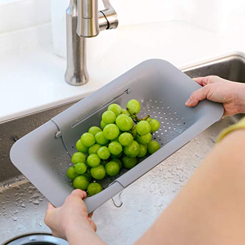 BLUE GINKGO Over the Sink Colander Strainer Basket - Wash Vegetables and Fruits, Drain Cooked Pasta and Dry Dishes - Extendable - New Home Kitchen Essentials (7.9 W x 14.5-19.5 L x 2.75 H) - Gray
