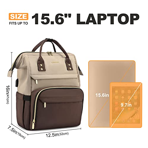 LOVEVOOK Laptop Backpack for Women Fashion Business Computer Backpacks Travel Bags Purse Doctor Nurse Work Backpack with USB Port, Fits 15.6-Inch Laptop Light Apricot-Coffee