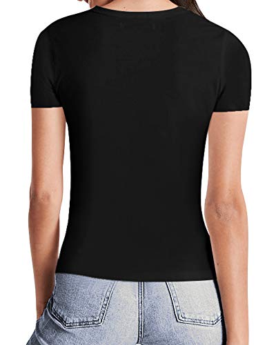 MANGOPOP Womens Short Sleeve/Long Sleeve Square Neck T Shirts Tops Tees (A Short Sleeve Black, Medium)