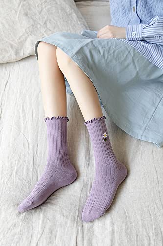 Kimkshine Womens Ruffle Socks High Ankle Casual Knit Dress Sock Fashion Women Princess Socks Cute Embroidery 5 Pairs