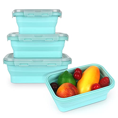 Keweis Silicone Lunch Box, Collapsible Folding Food Storage Container with Lids, Kitchen Microwave Freezer and Dishwasher Safe Kids, Set of 3 - Square Blue