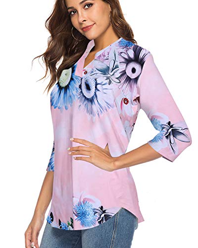 CEASIKERY Women's 3/4 Sleeve Floral V Neck Tops Casual Tunic Blouse Loose Shirt 008 Pink