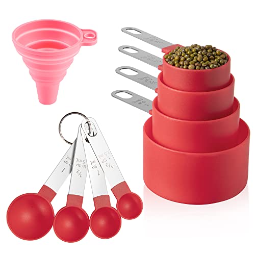Measuring Cups and Spoons Set of Huygens Kitchen Gadgets 8 Pieces, Stackable Stainless Steel Handle Measuring Cups for Measuring Dry and Liquid Ingredient (Red)
