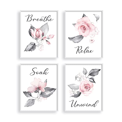 heilkee Pink Flower Wall Art Bathroom Grey Wall Decor Relax Soak Unwind Breathe Wall Pictures Bathroom Signs Set of 4(UNFRAMED 8x10in)