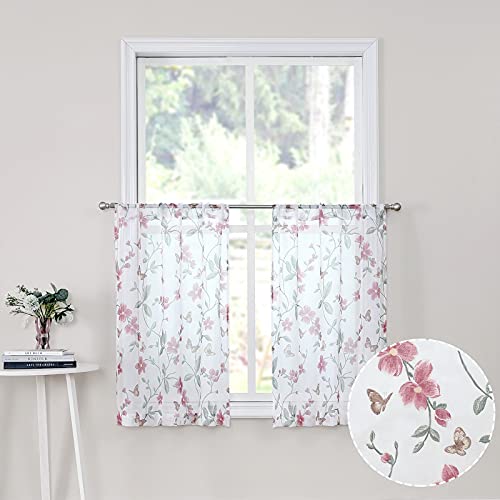 Tollpiz Short Sheer Floral Tier Curtains Pink Flower Butterfly Printed Half Window Curtain Rod Pocket Kitchen Voile Faux Linen Curtains for Bathroom, 30 x 24 inches Long, Set of 2 Panels