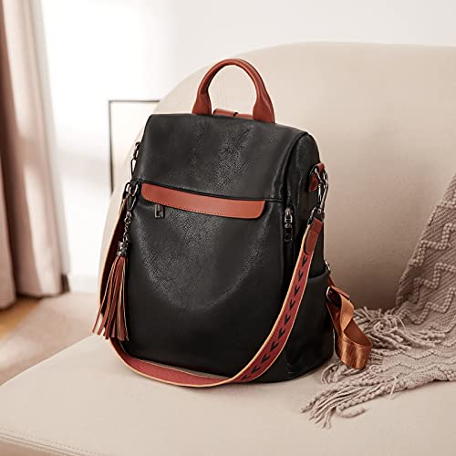 BROMEN Backpack Purse for Women Leather Anti-theft Travel Backpack Fashion Shoulder Bag Contrast Black