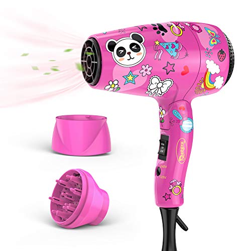 Deogra Travel Hair Dryer for Kids - Portable Mini Hair Dryer Dual Voltage for International Use - Foldable Compact Blow Dryer with Diffuser and Concentrator Pink