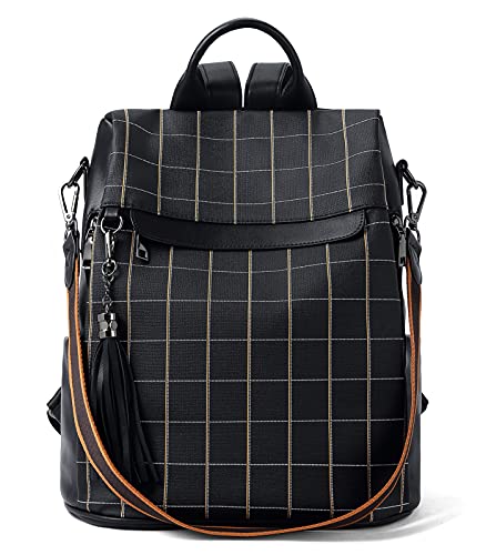 BROMEN Backpack Purse for Women Leather Anti-theft Travel Backpack Fashion Shoulder Bag Balck Plaid