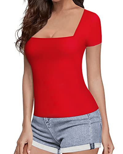 MANGOPOP Womens Short Sleeve/Long Sleeve Square Neck T Shirts Tops Tees (Short Sleeve Redd, Medium)