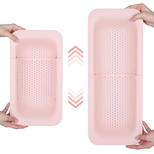 BLUE GINKGO Over the Sink Colander Strainer Basket - Wash Vegetables and Fruits, Drain Cooked Pasta and Dry Dishes - Extendable - New Home Kitchen Essentials (7.9 W x 14.5-19.5 L x 2.75 H) (Pink)
