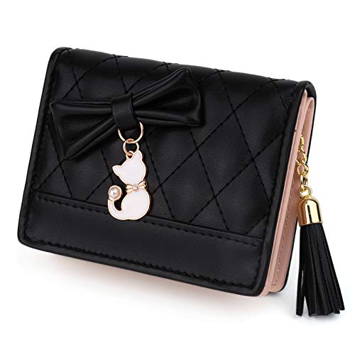 UTO Women PU Leather Small Wallet Cat Pendant Card Phone Holder Zipper Coin Purse Zoey Black