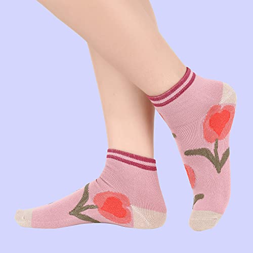 Womens Gils Novelty Funny Funky Crew Socks Colorful Crazy Cute Floral Animal Food Patterned Cotton Dress Socks Gifts，5 Pair Daidy Tulip Rose