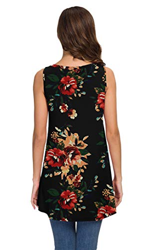 Women's Black & Red Floral Summer Sleeveless V-Neck T-Shirt Tunic Top, Sizes to 4XL