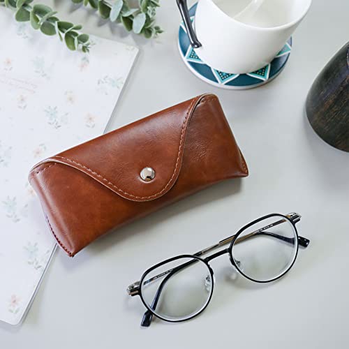Portable Leather Glasses Case,Durable Soft Sunglasses Pouch Slim Case for Women Men Horizontal Eyeglass Case （Button - Brown）